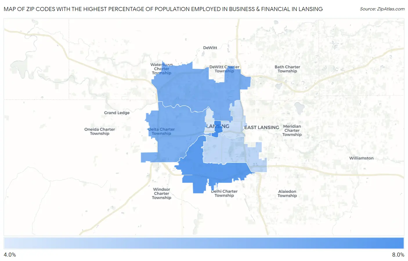 Zip Codes with the Highest Percentage of Population Employed in Business & Financial in Lansing Map