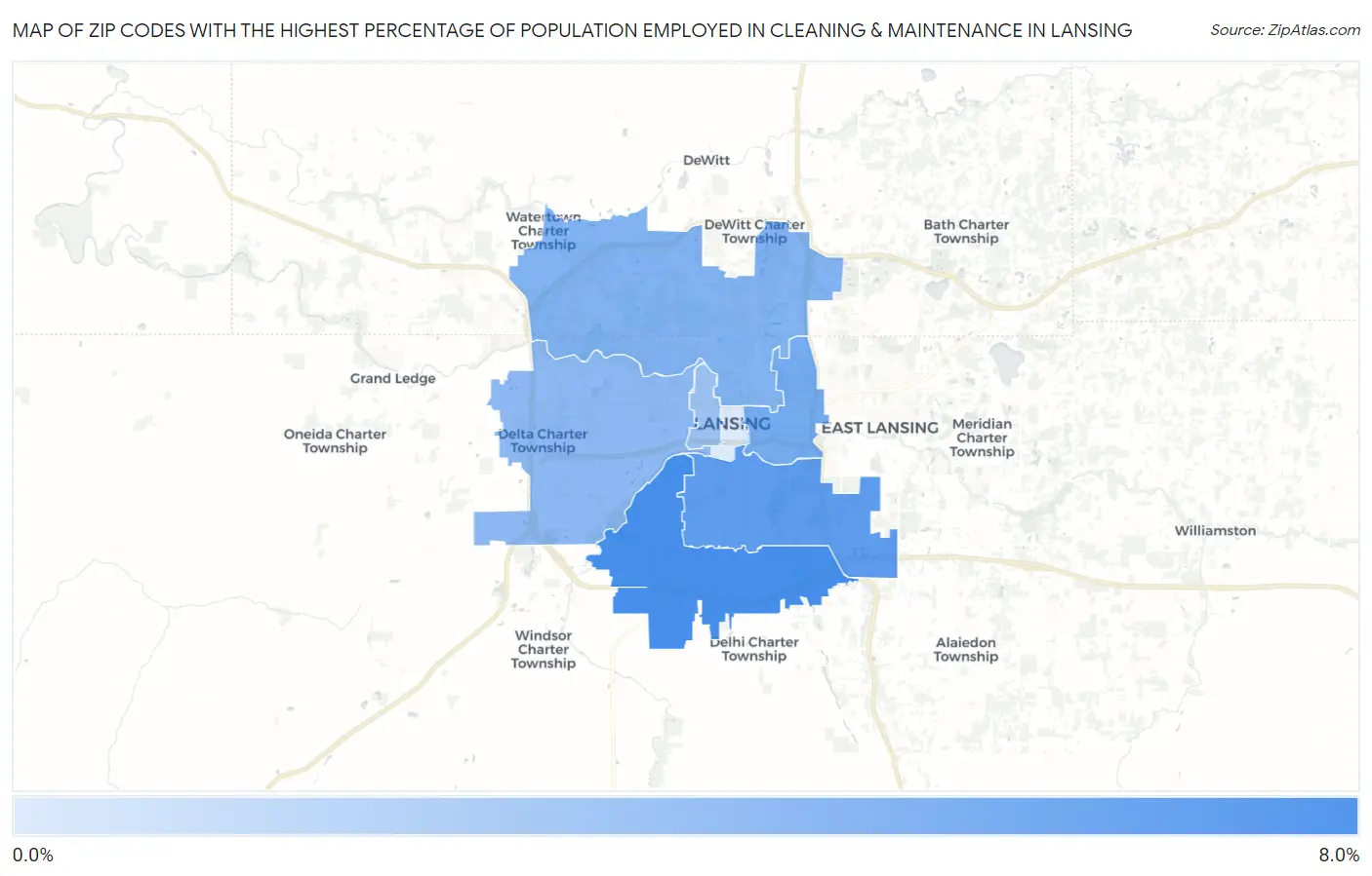 Zip Codes with the Highest Percentage of Population Employed in Cleaning & Maintenance in Lansing Map