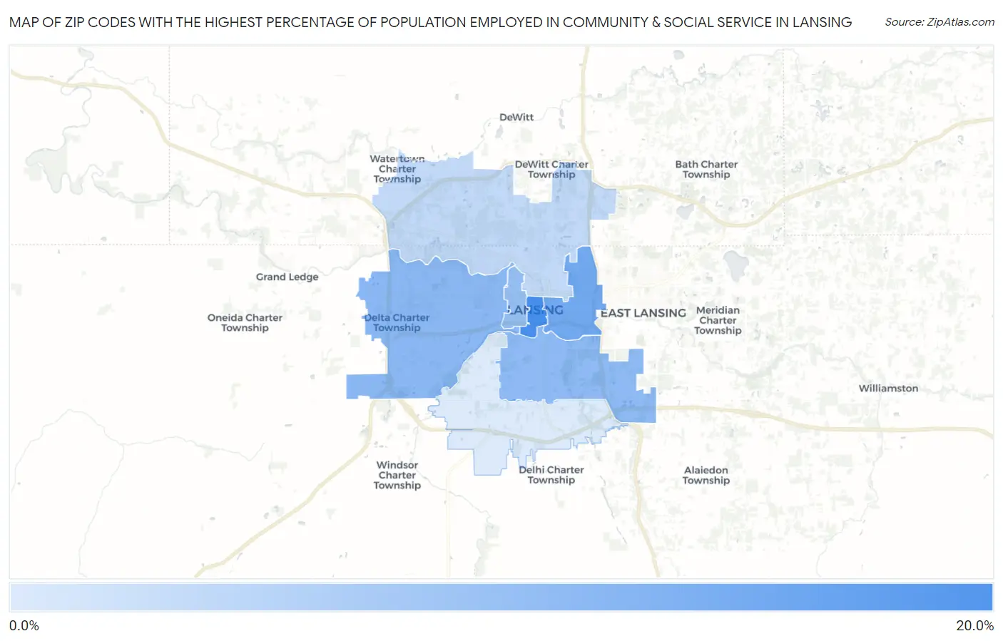 Zip Codes with the Highest Percentage of Population Employed in Community & Social Service  in Lansing Map