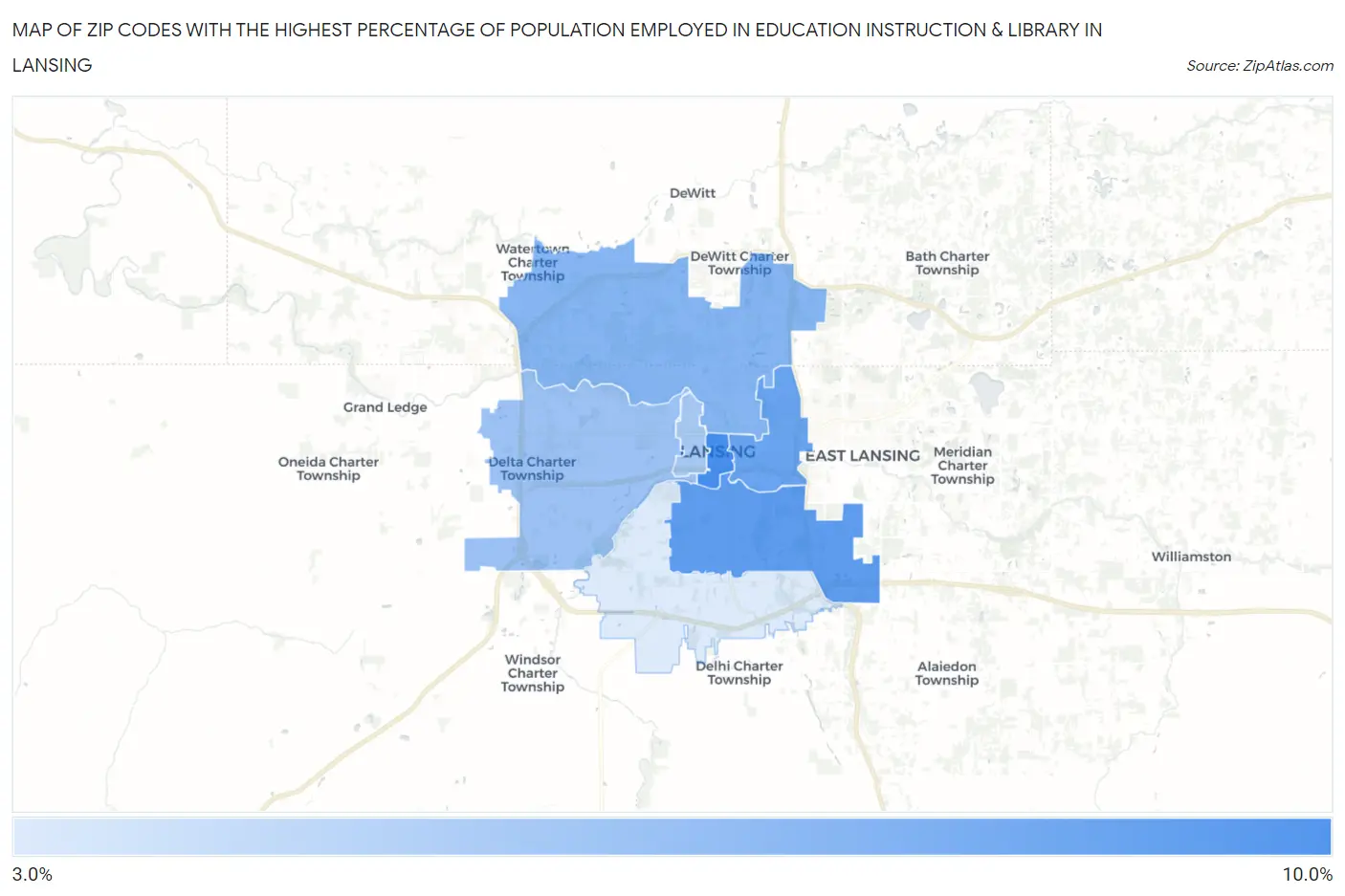 Zip Codes with the Highest Percentage of Population Employed in Education Instruction & Library in Lansing Map