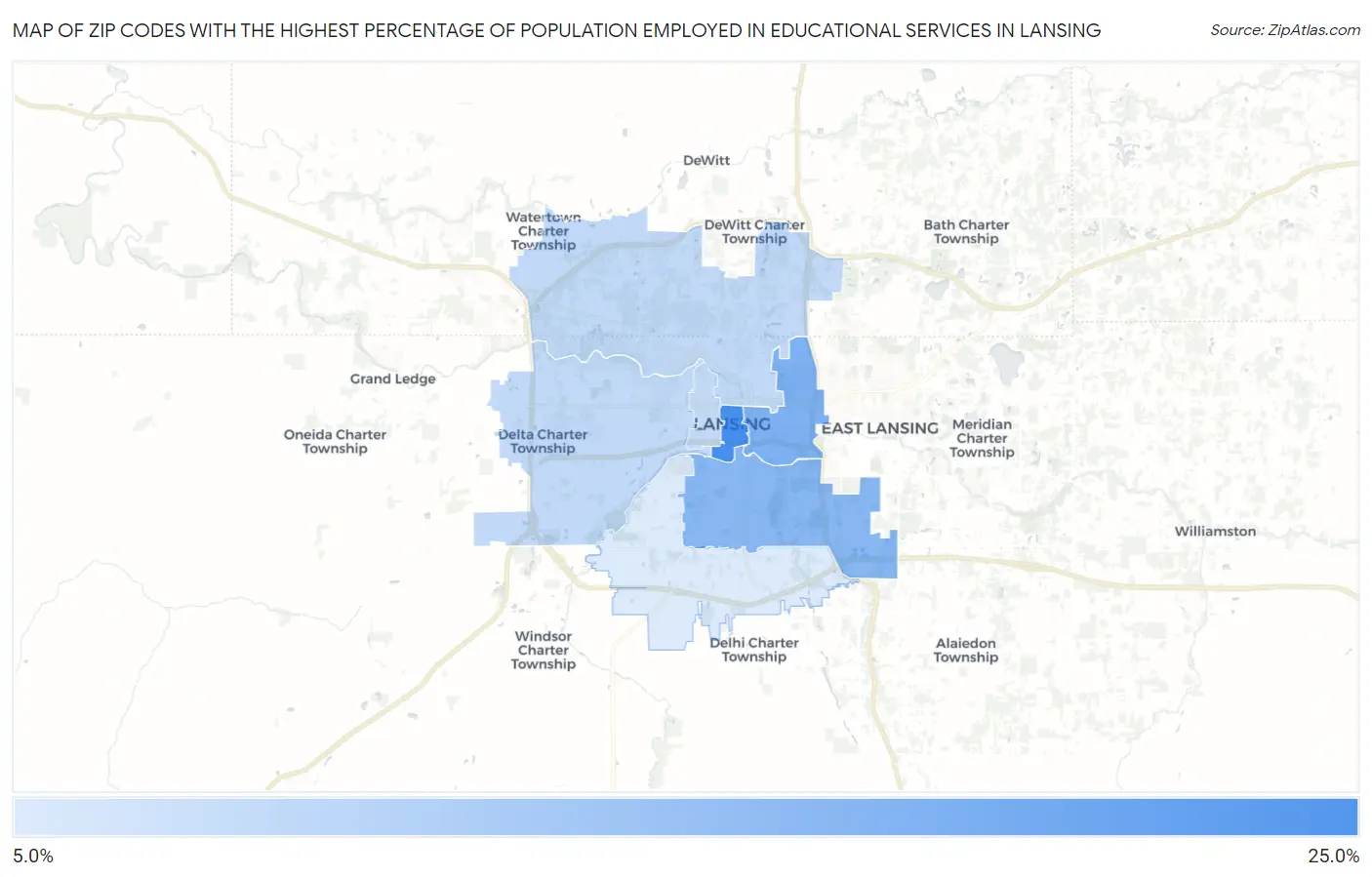 Zip Codes with the Highest Percentage of Population Employed in Educational Services in Lansing Map