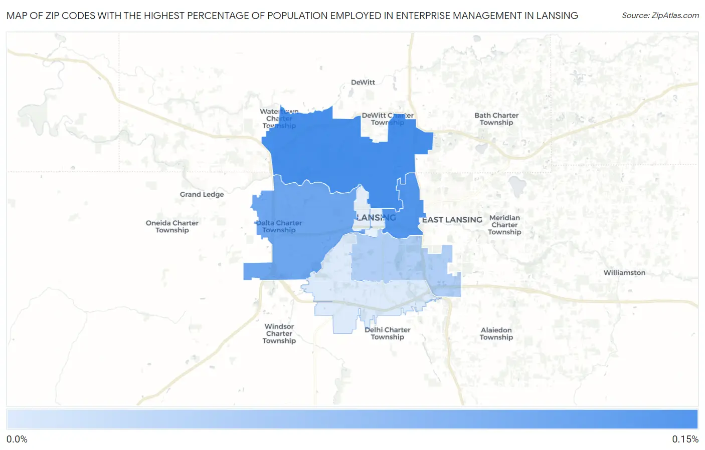 Zip Codes with the Highest Percentage of Population Employed in Enterprise Management in Lansing Map