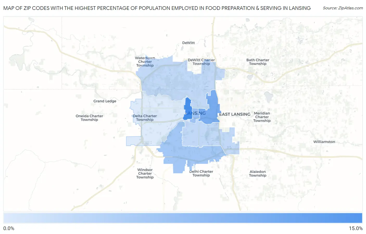 Zip Codes with the Highest Percentage of Population Employed in Food Preparation & Serving in Lansing Map