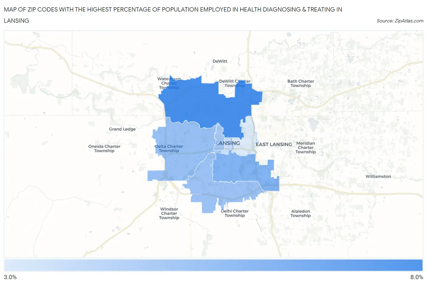 Zip Codes with the Highest Percentage of Population Employed in Health Diagnosing & Treating in Lansing Map
