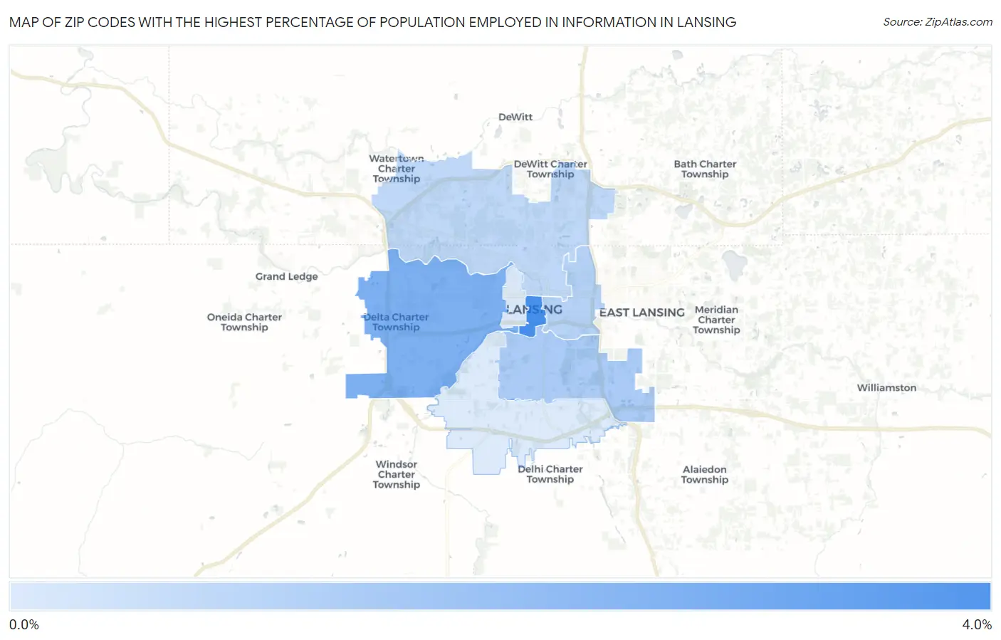 Zip Codes with the Highest Percentage of Population Employed in Information in Lansing Map