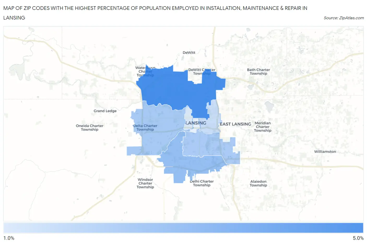 Zip Codes with the Highest Percentage of Population Employed in Installation, Maintenance & Repair in Lansing Map