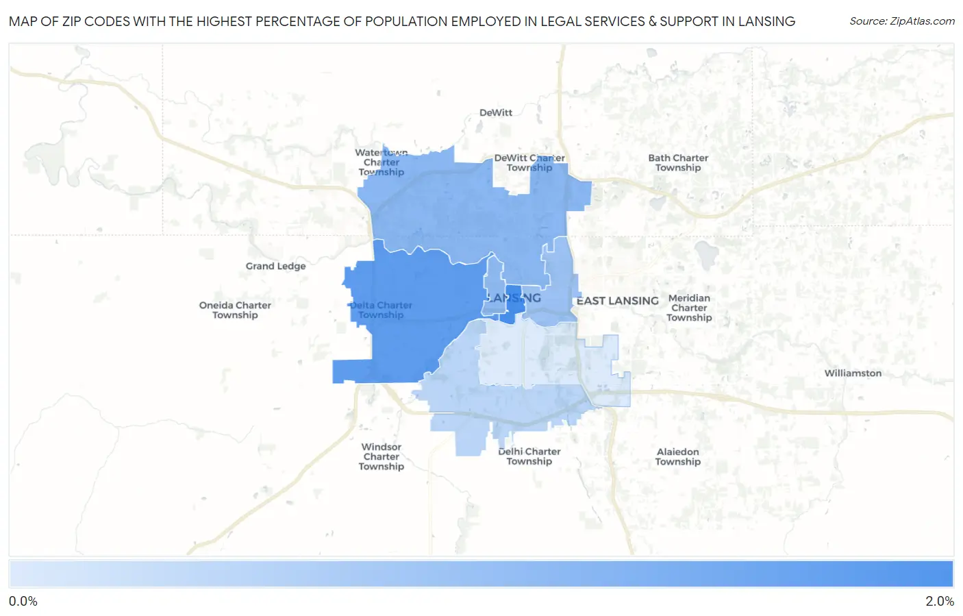 Zip Codes with the Highest Percentage of Population Employed in Legal Services & Support in Lansing Map