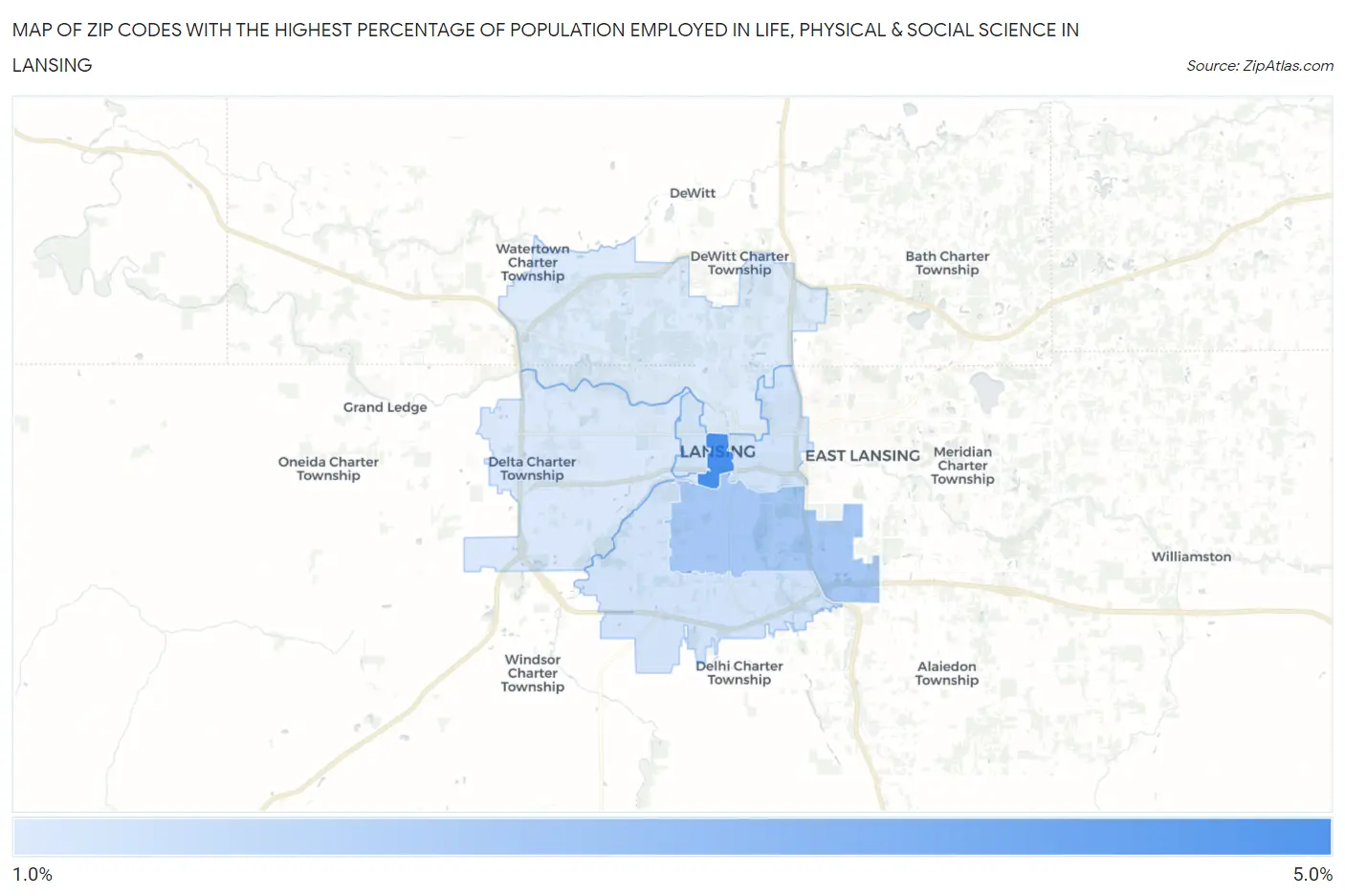 Zip Codes with the Highest Percentage of Population Employed in Life, Physical & Social Science in Lansing Map