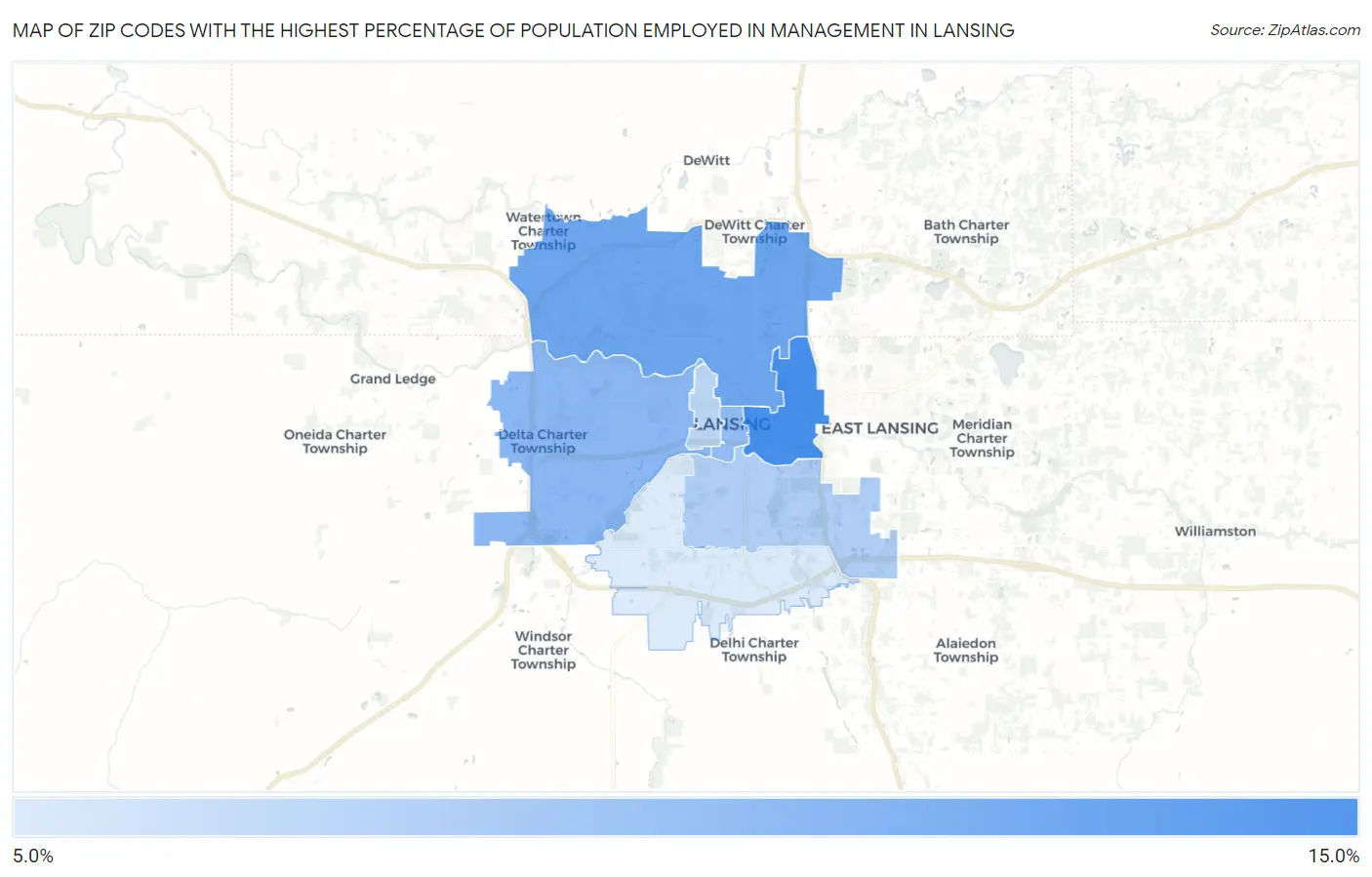 Zip Codes with the Highest Percentage of Population Employed in Management in Lansing Map