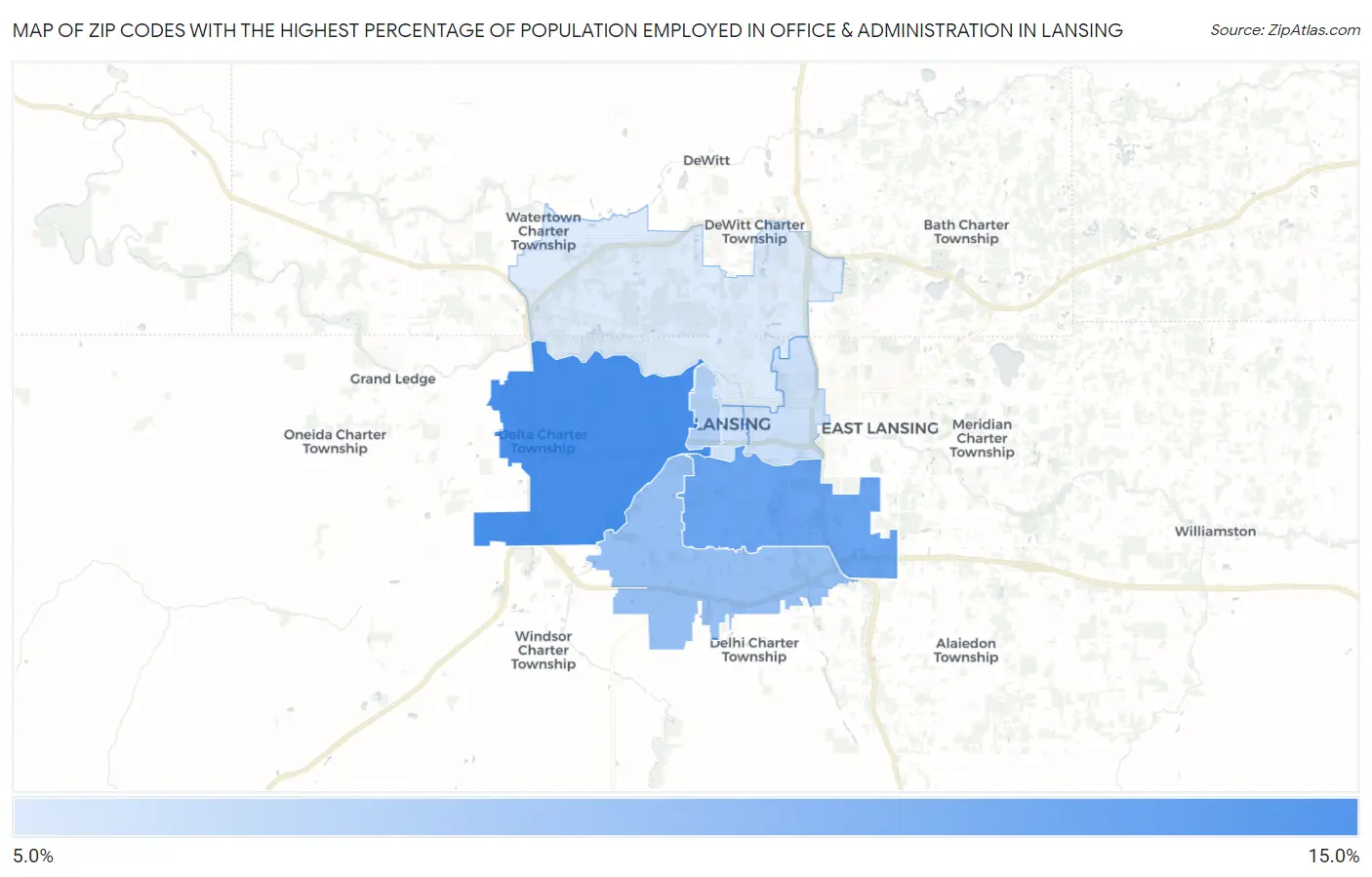 Zip Codes with the Highest Percentage of Population Employed in Office & Administration in Lansing Map