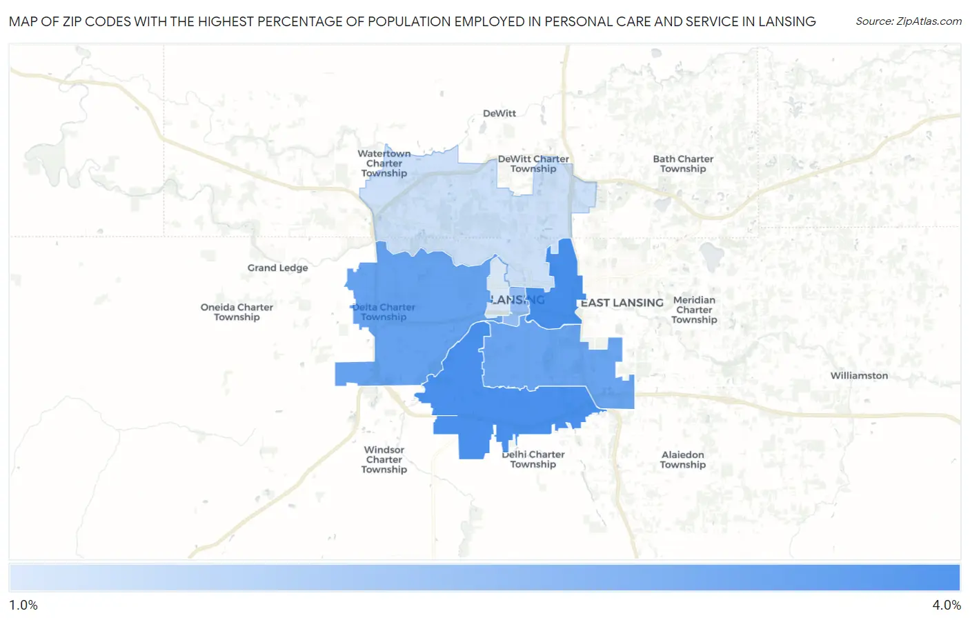 Zip Codes with the Highest Percentage of Population Employed in Personal Care and Service in Lansing Map