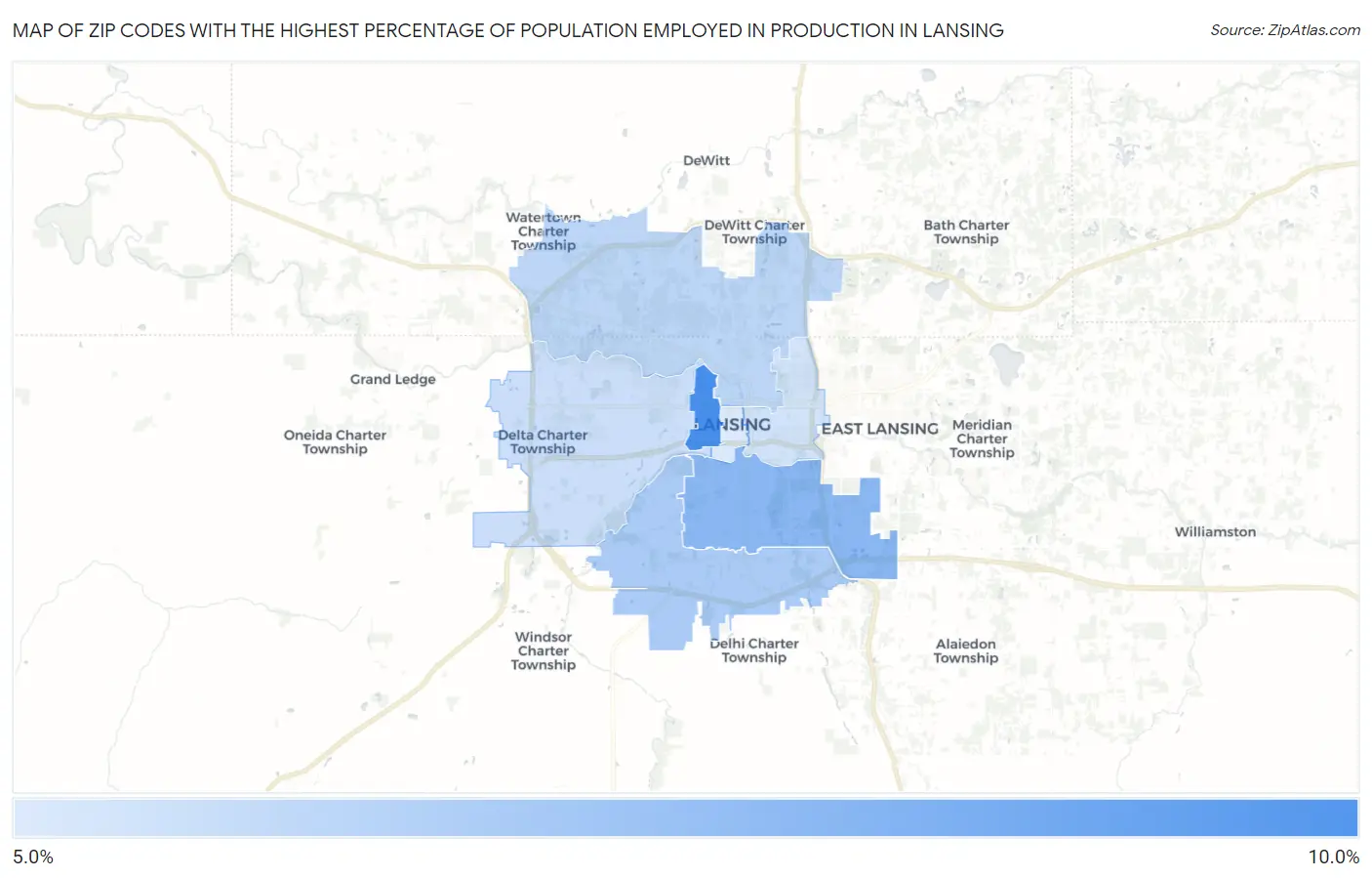 Zip Codes with the Highest Percentage of Population Employed in Production in Lansing Map
