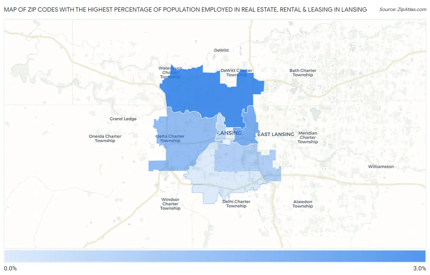 Zip Codes with the Highest Percentage of Population Employed in Real Estate, Rental & Leasing in Lansing Map