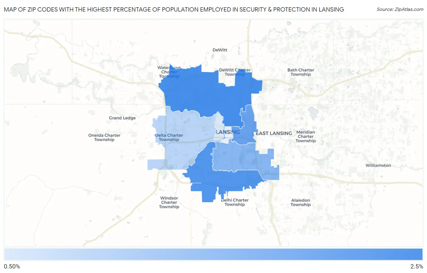 Zip Codes with the Highest Percentage of Population Employed in Security & Protection in Lansing Map