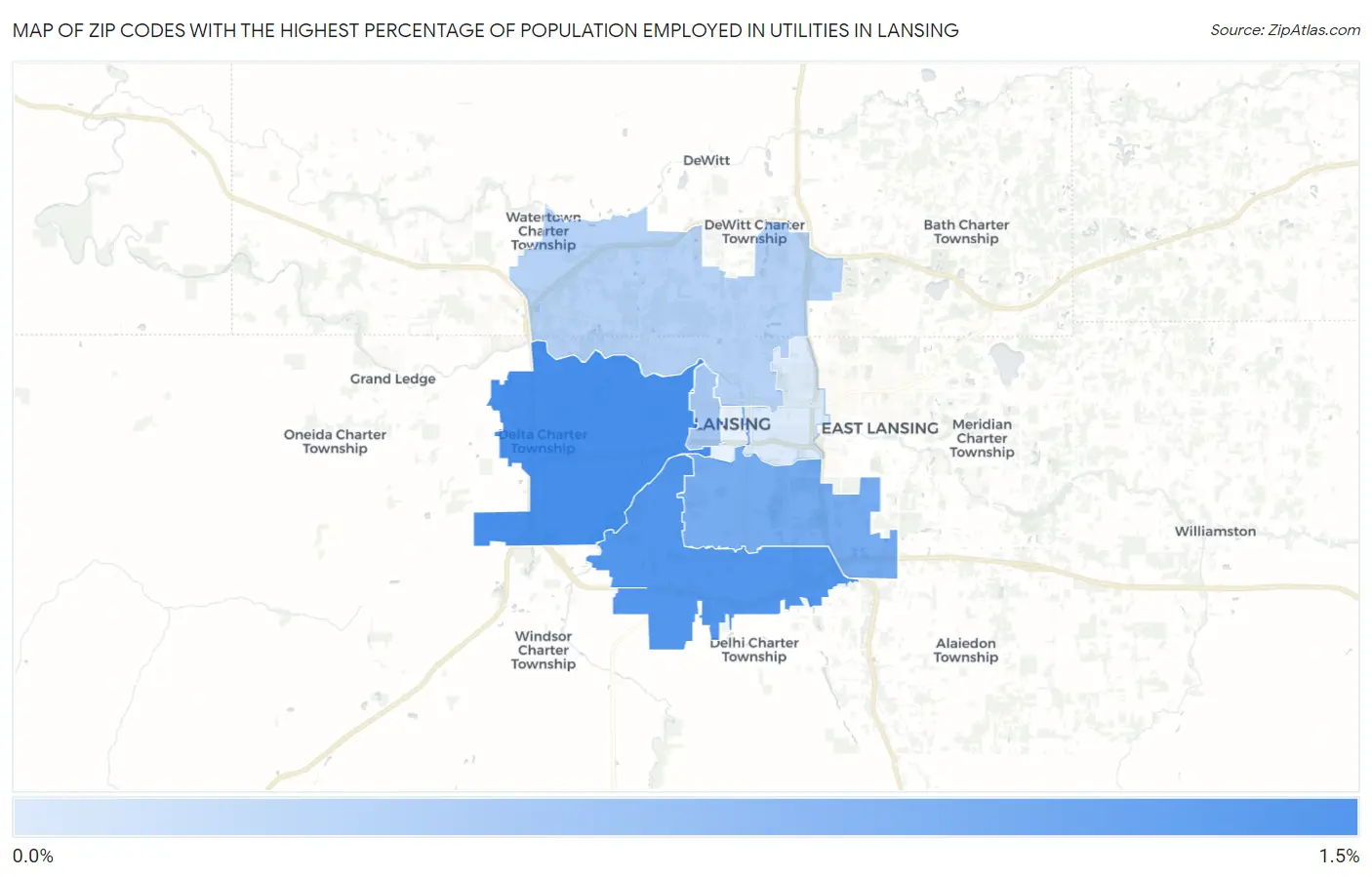 Zip Codes with the Highest Percentage of Population Employed in Utilities in Lansing Map
