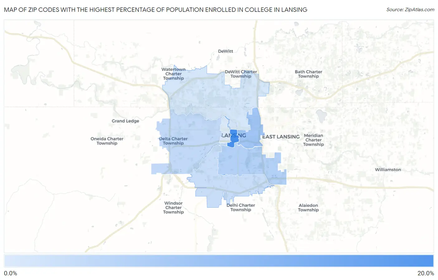 Zip Codes with the Highest Percentage of Population Enrolled in College in Lansing Map