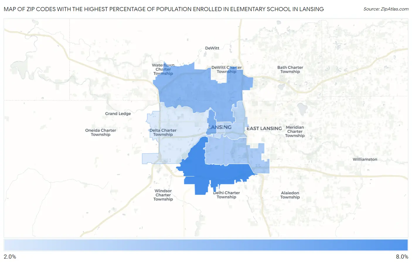 Zip Codes with the Highest Percentage of Population Enrolled in Elementary School in Lansing Map
