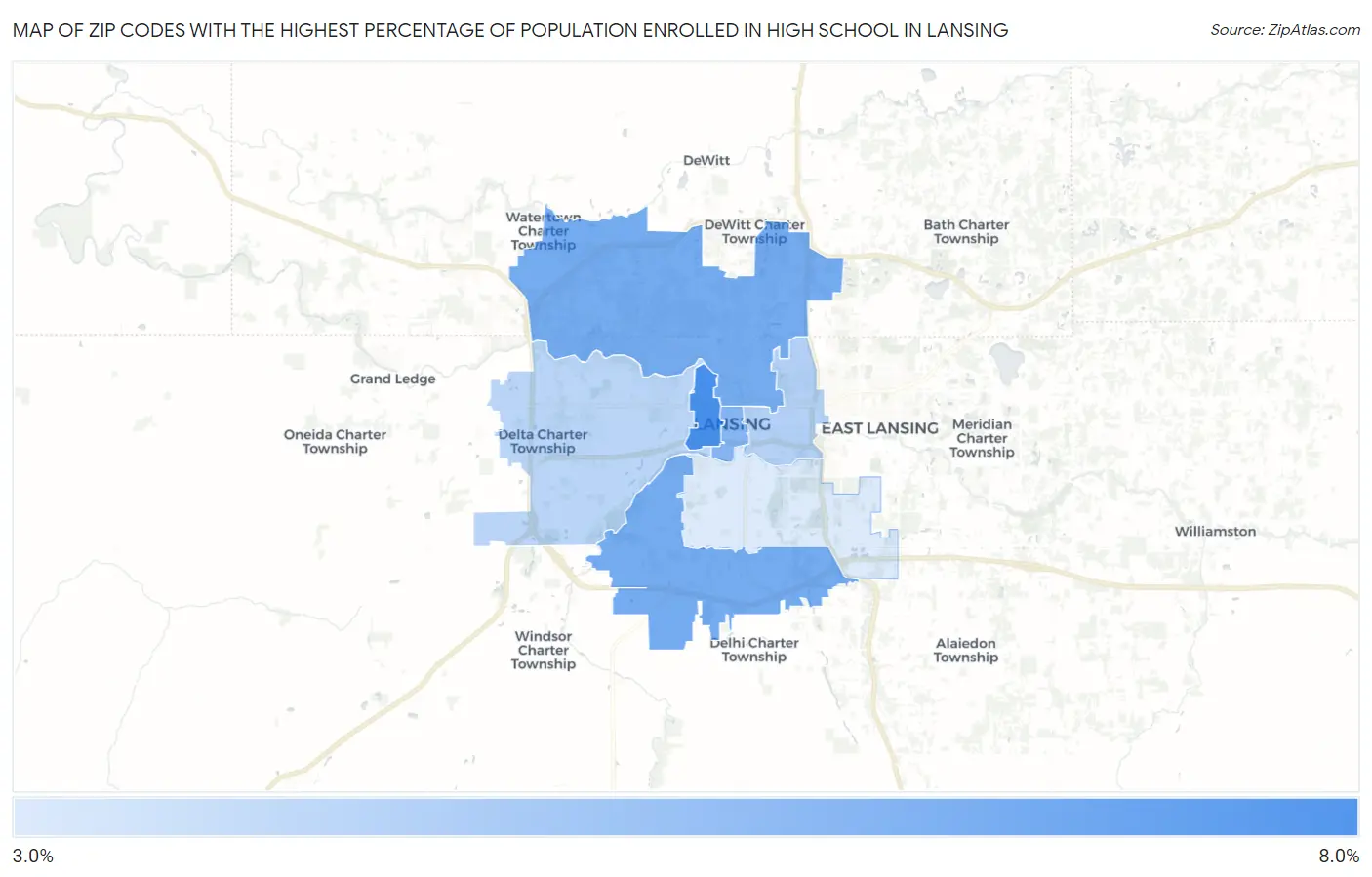 Zip Codes with the Highest Percentage of Population Enrolled in High School in Lansing Map