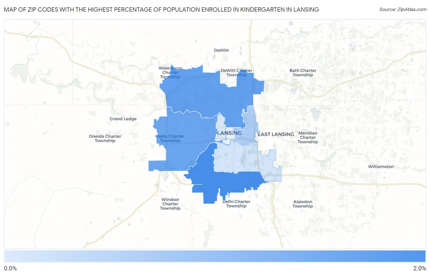 Zip Codes with the Highest Percentage of Population Enrolled in Kindergarten in Lansing Map