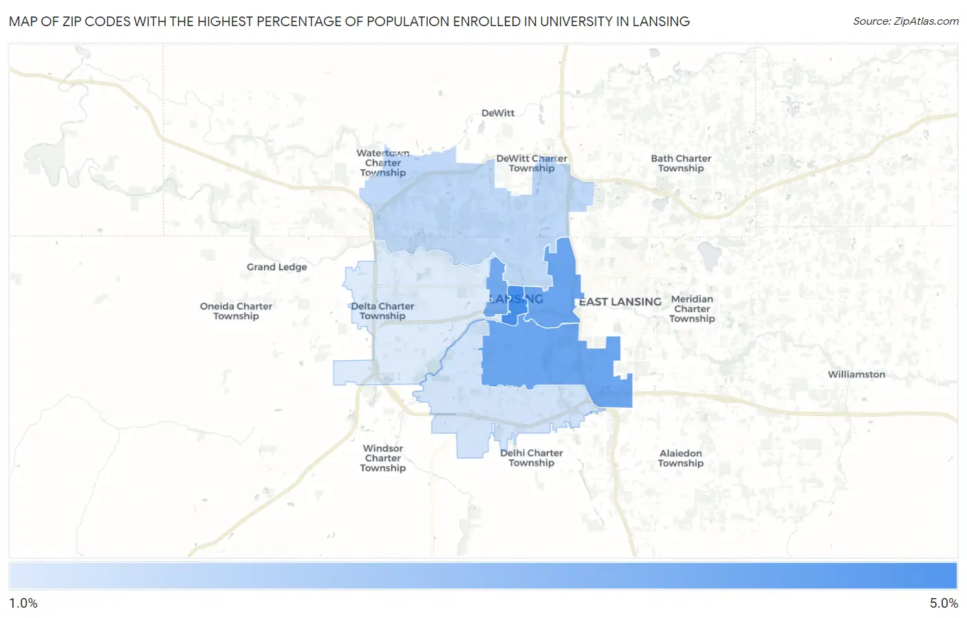 Zip Codes with the Highest Percentage of Population Enrolled in University in Lansing Map