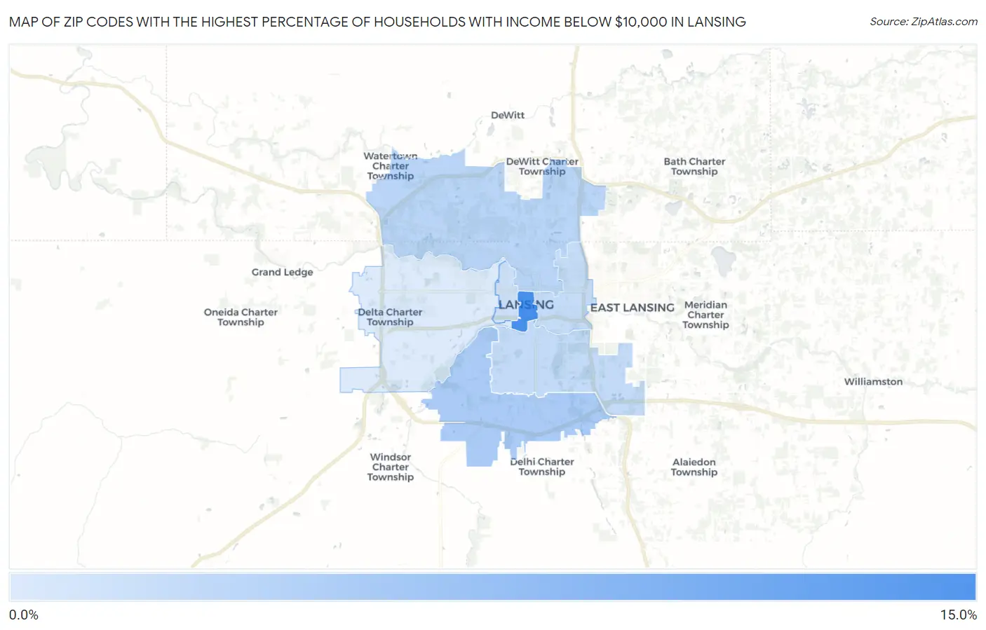 Zip Codes with the Highest Percentage of Households with Income Below $10,000 in Lansing Map