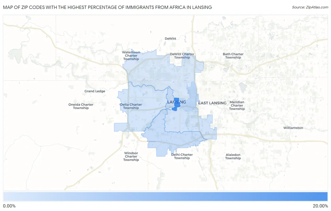 Zip Codes with the Highest Percentage of Immigrants from Africa in Lansing Map
