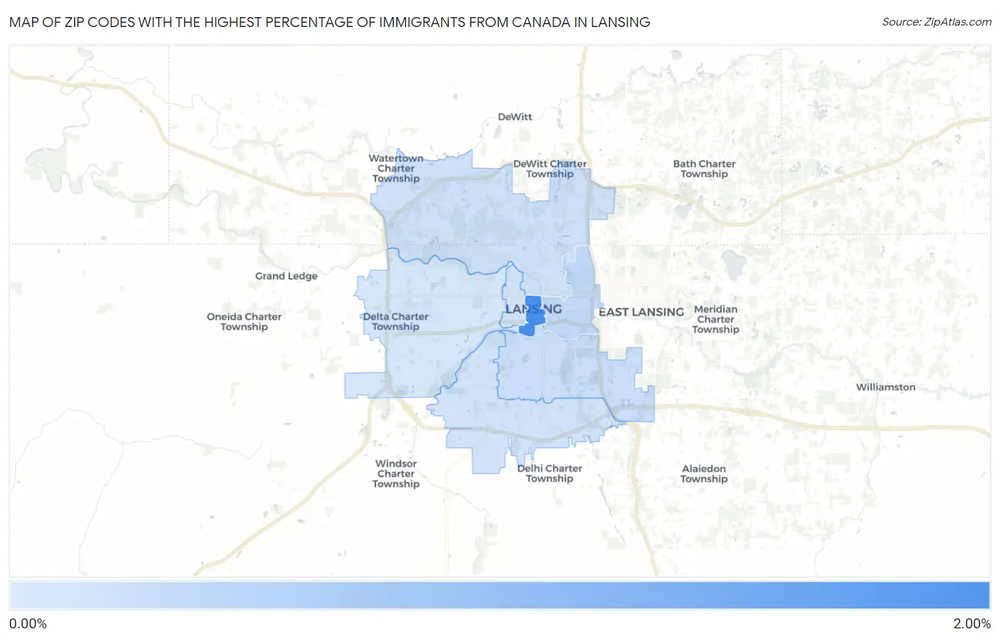 Zip Codes with the Highest Percentage of Immigrants from Canada in Lansing Map
