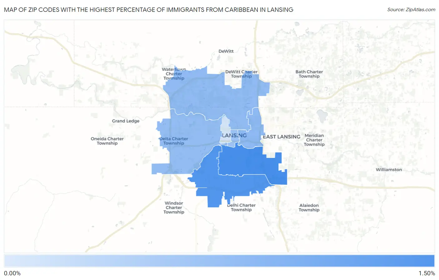 Zip Codes with the Highest Percentage of Immigrants from Caribbean in Lansing Map