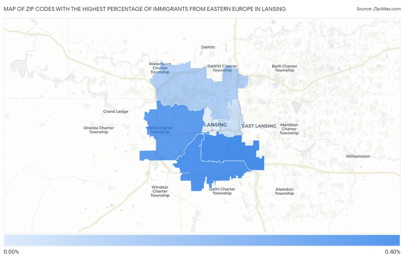 Zip Codes with the Highest Percentage of Immigrants from Eastern Europe in Lansing Map
