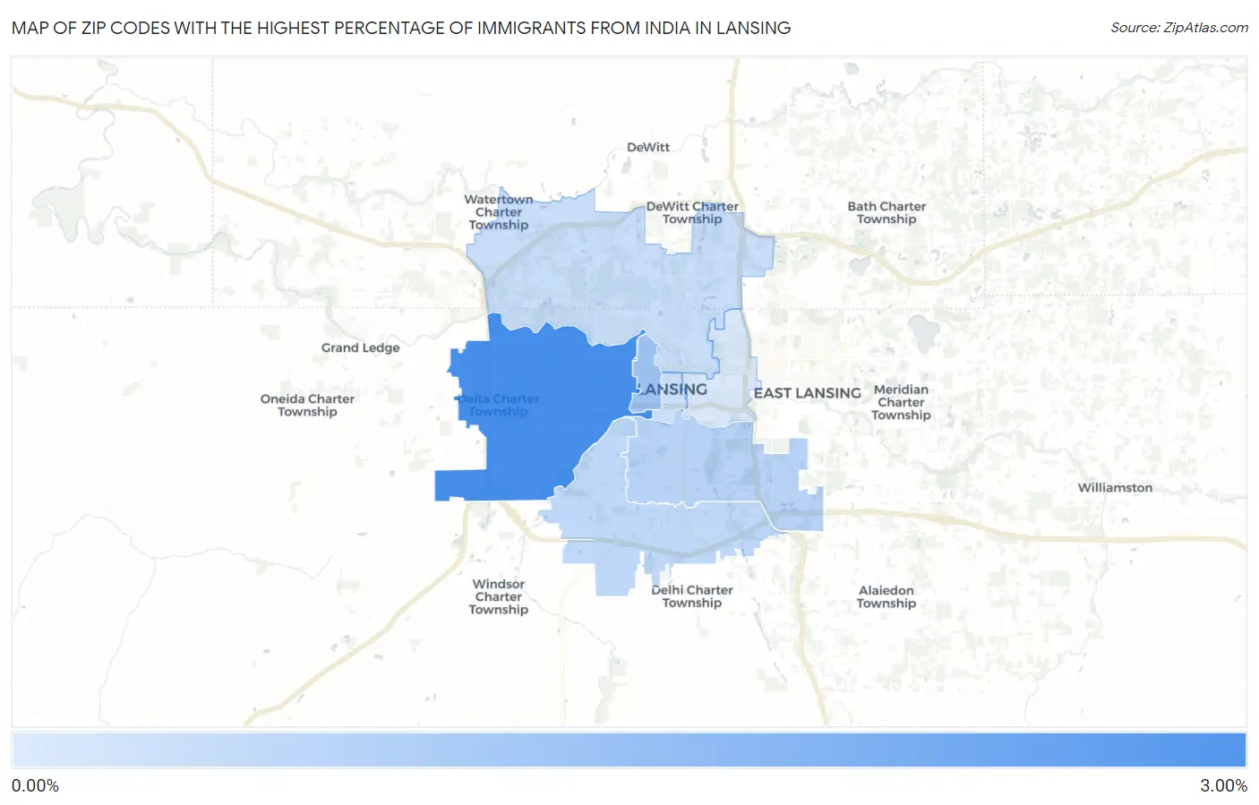 Zip Codes with the Highest Percentage of Immigrants from India in Lansing Map