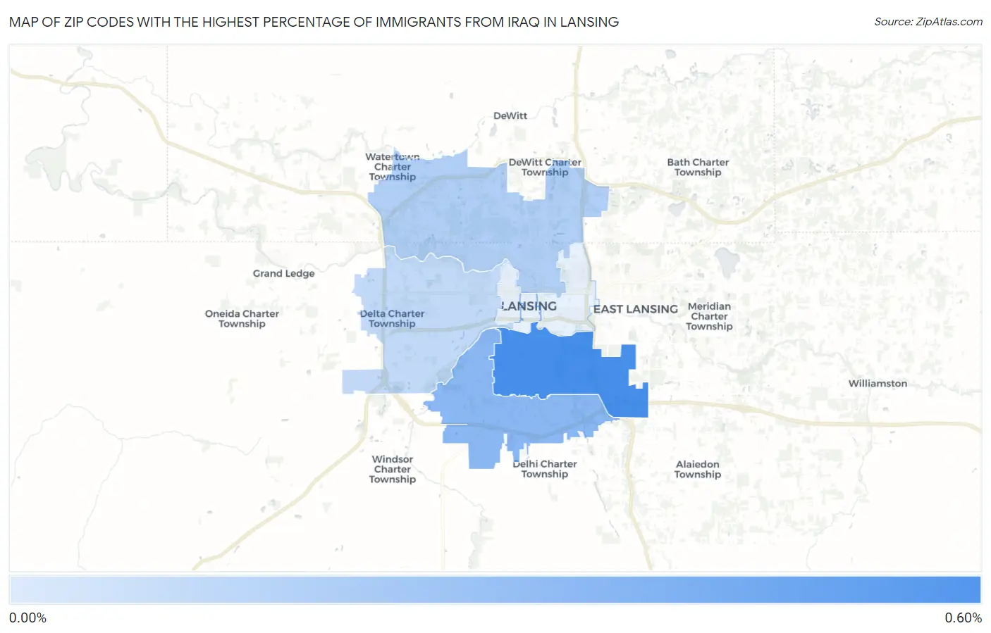 Zip Codes with the Highest Percentage of Immigrants from Iraq in Lansing Map