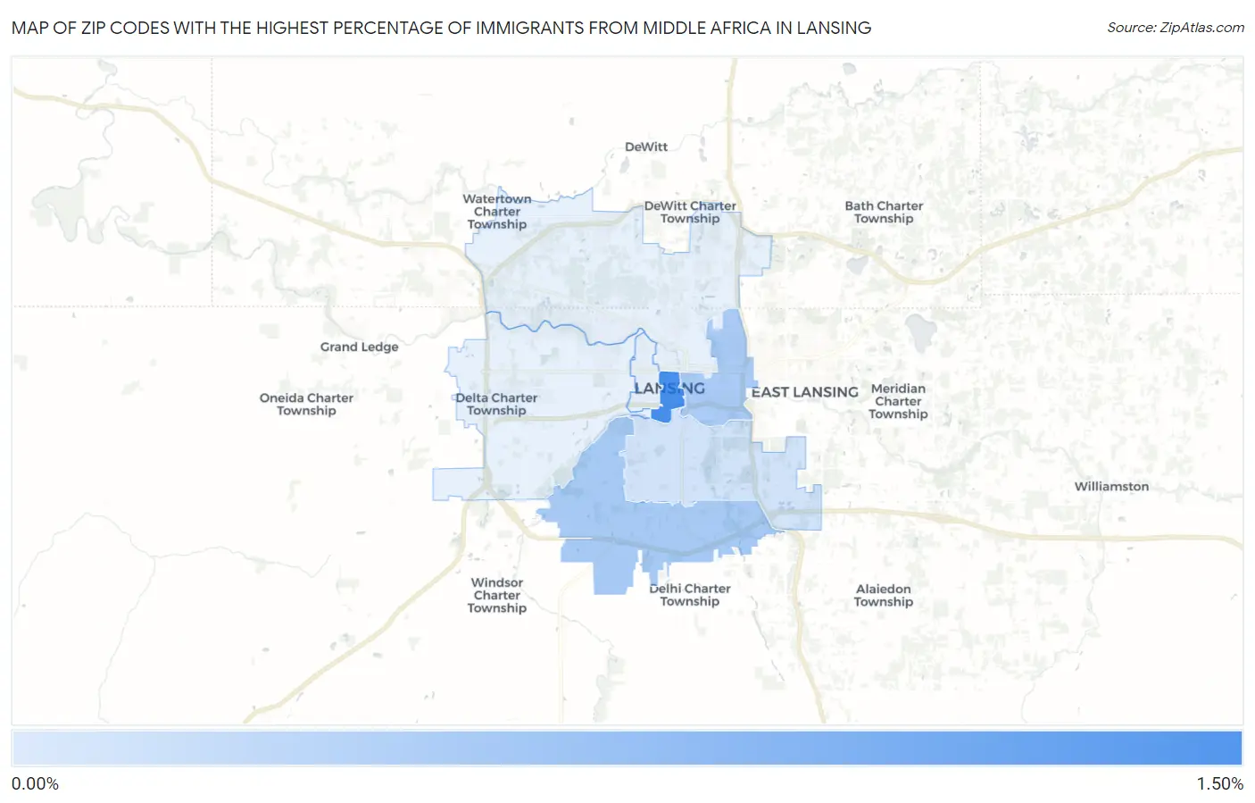Zip Codes with the Highest Percentage of Immigrants from Middle Africa in Lansing Map