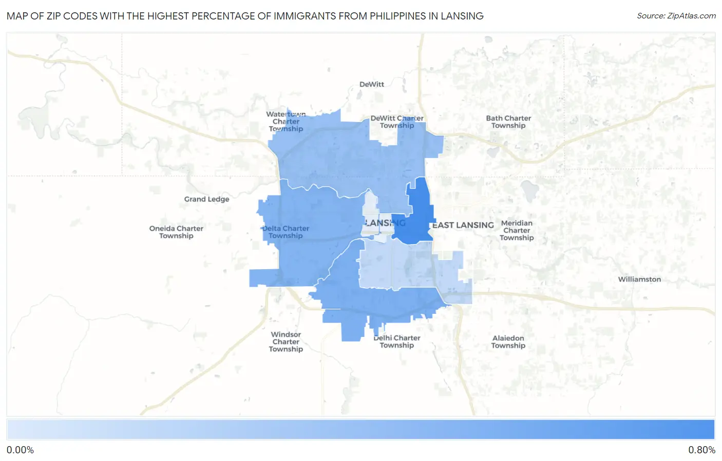 Zip Codes with the Highest Percentage of Immigrants from Philippines in Lansing Map