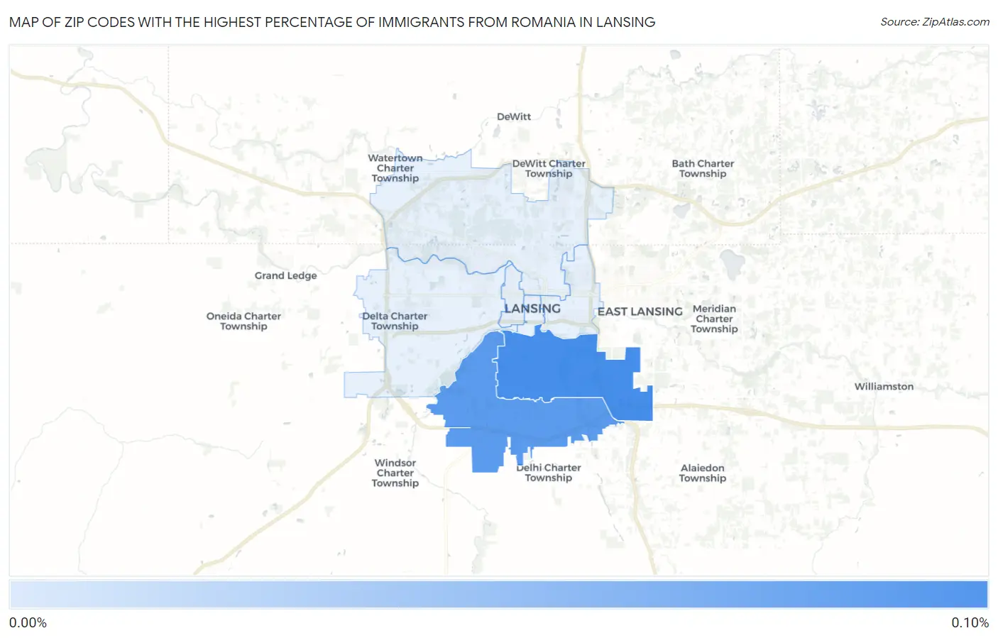 Zip Codes with the Highest Percentage of Immigrants from Romania in Lansing Map