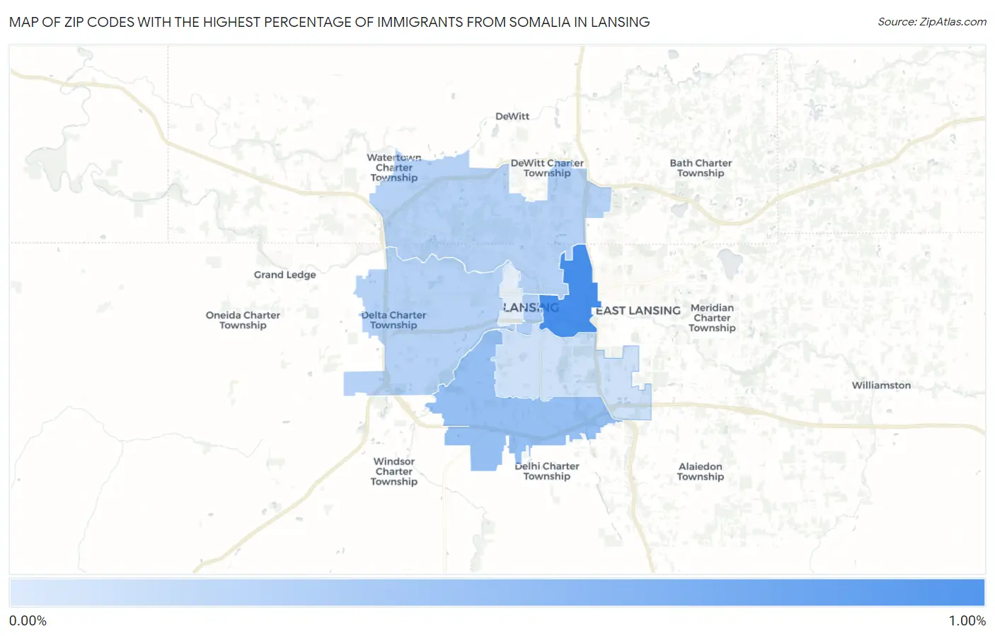 Zip Codes with the Highest Percentage of Immigrants from Somalia in Lansing Map