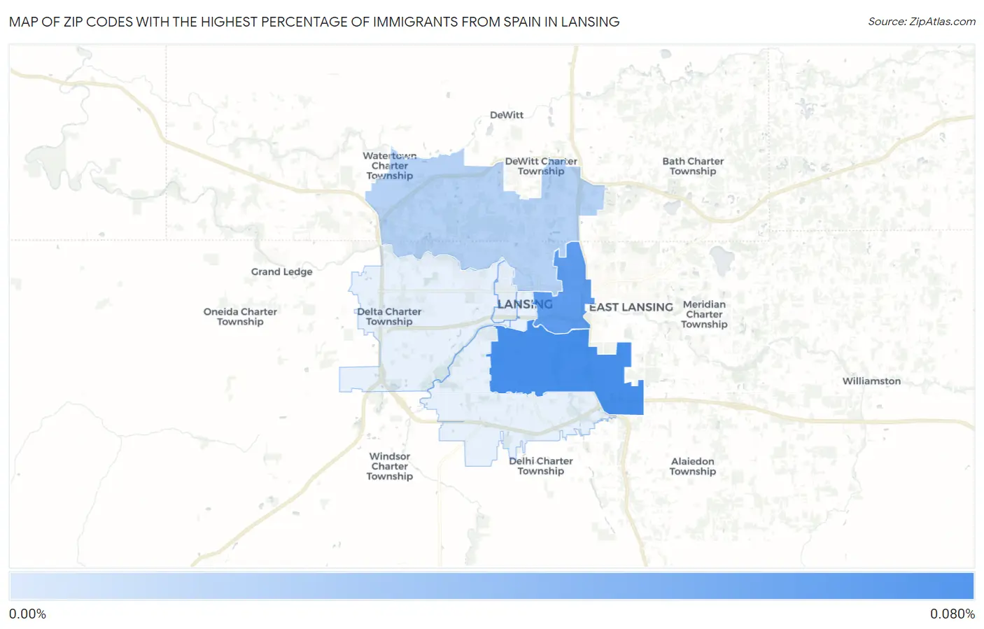 Zip Codes with the Highest Percentage of Immigrants from Spain in Lansing Map