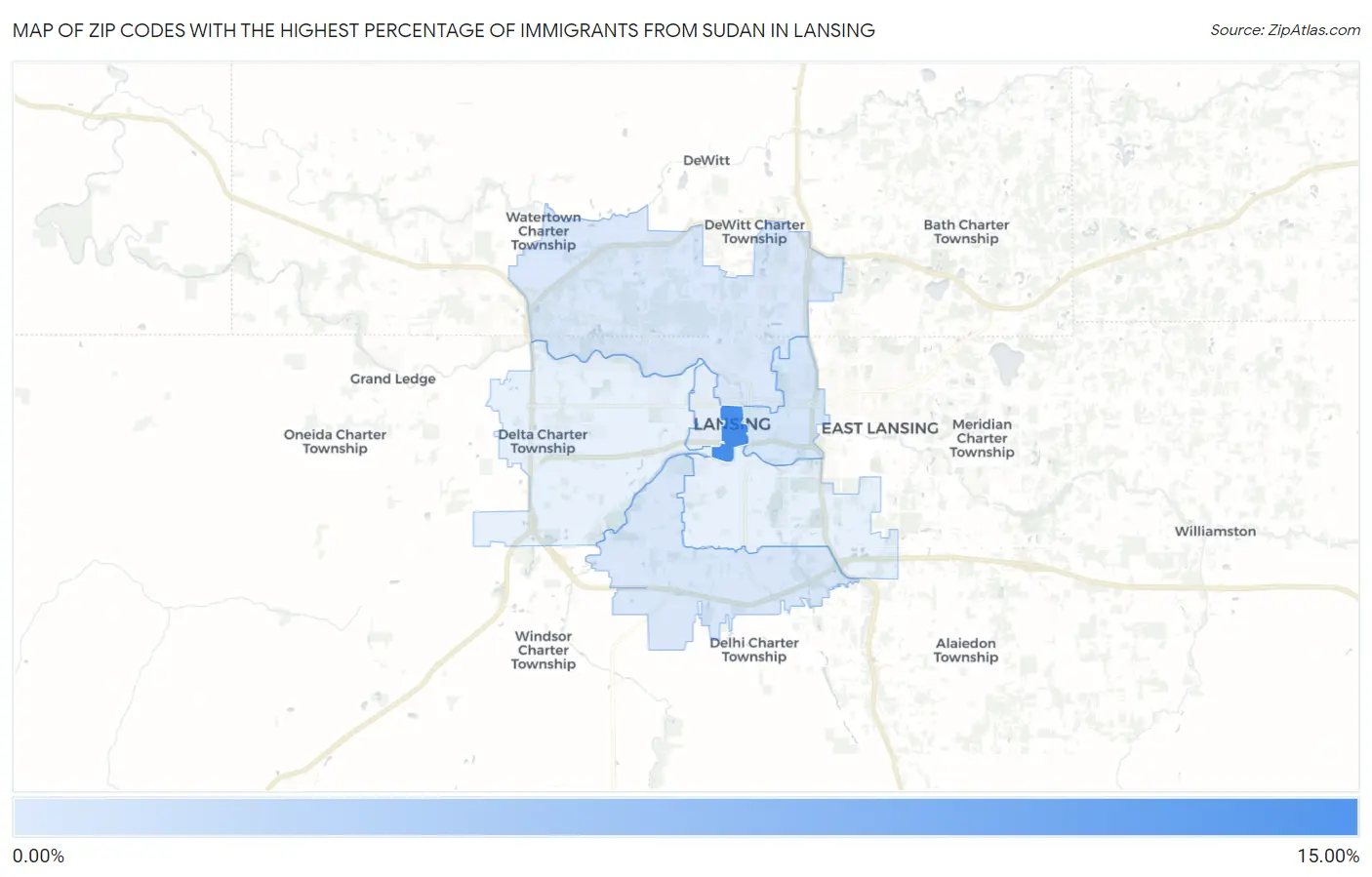 Zip Codes with the Highest Percentage of Immigrants from Sudan in Lansing Map