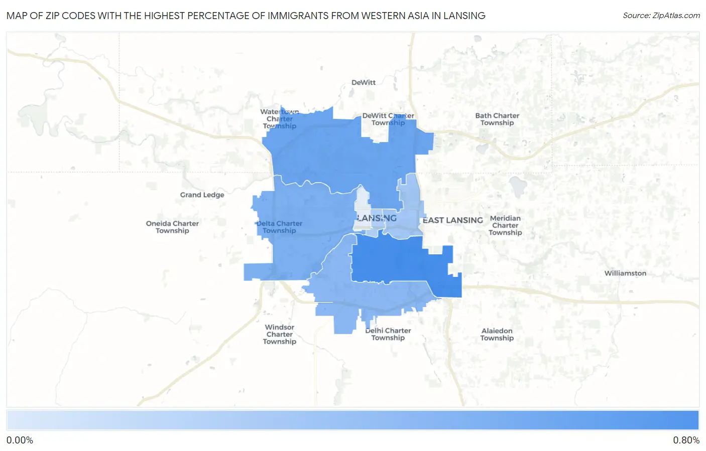 Zip Codes with the Highest Percentage of Immigrants from Western Asia in Lansing Map