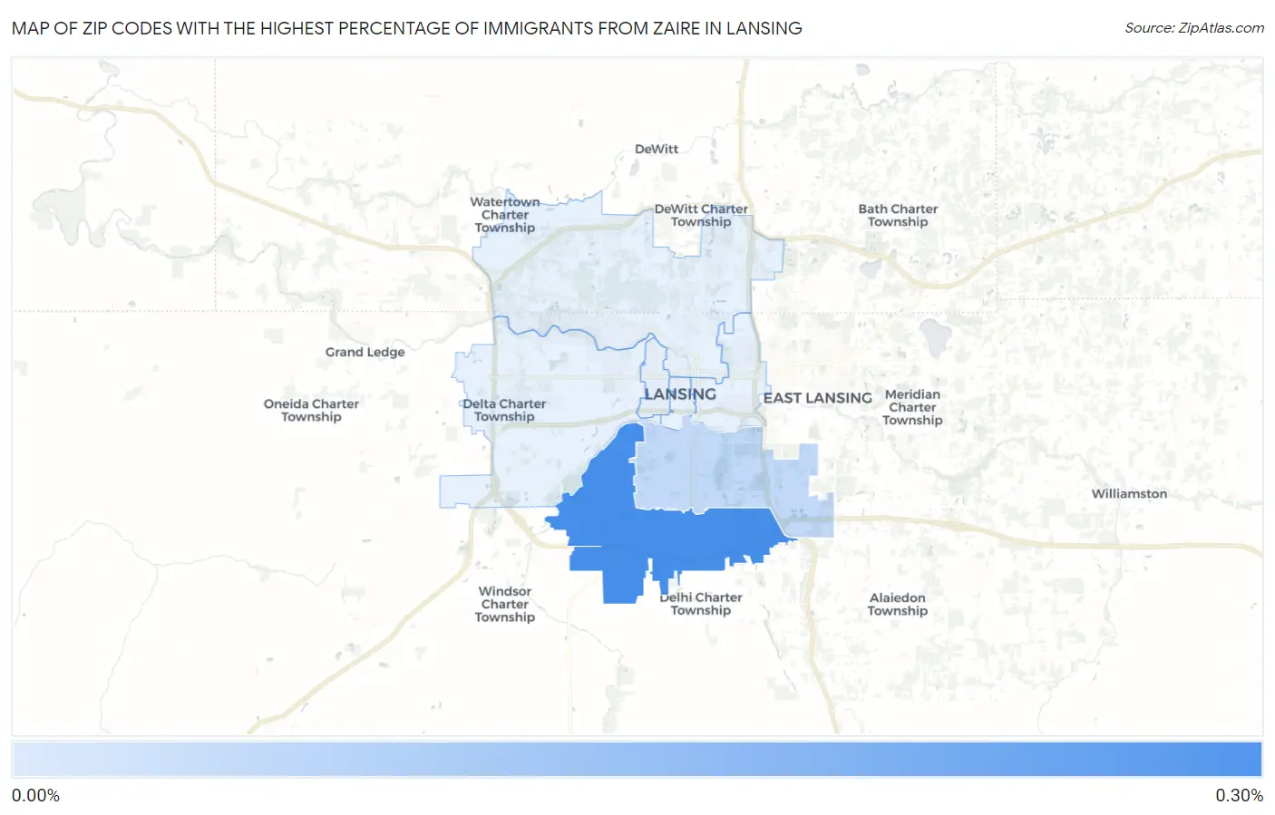 Zip Codes with the Highest Percentage of Immigrants from Zaire in Lansing Map