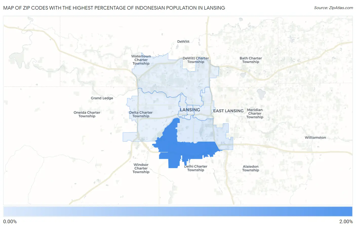 Zip Codes with the Highest Percentage of Indonesian Population in Lansing Map