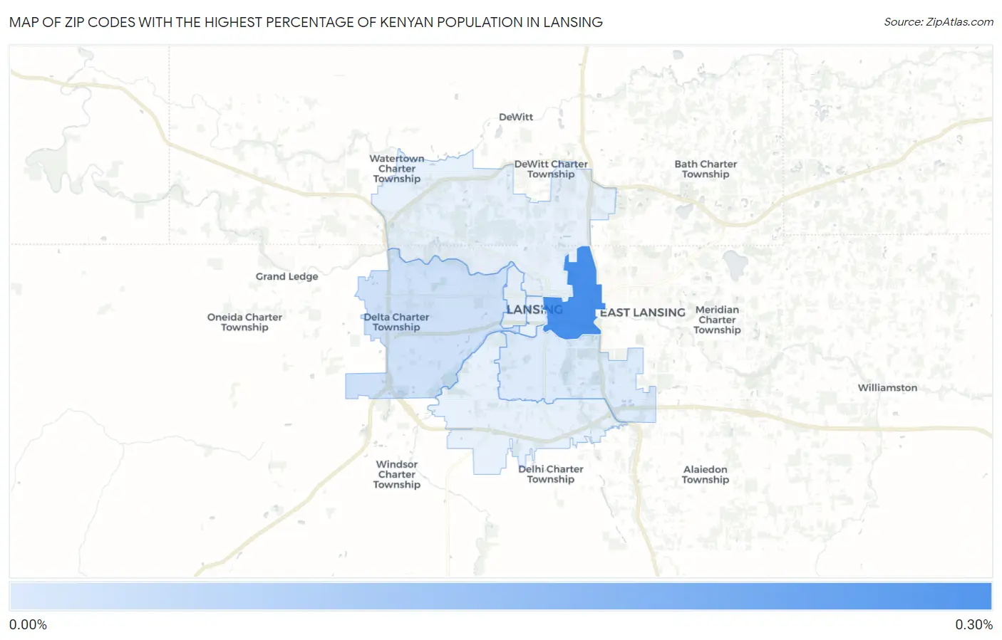 Zip Codes with the Highest Percentage of Kenyan Population in Lansing Map