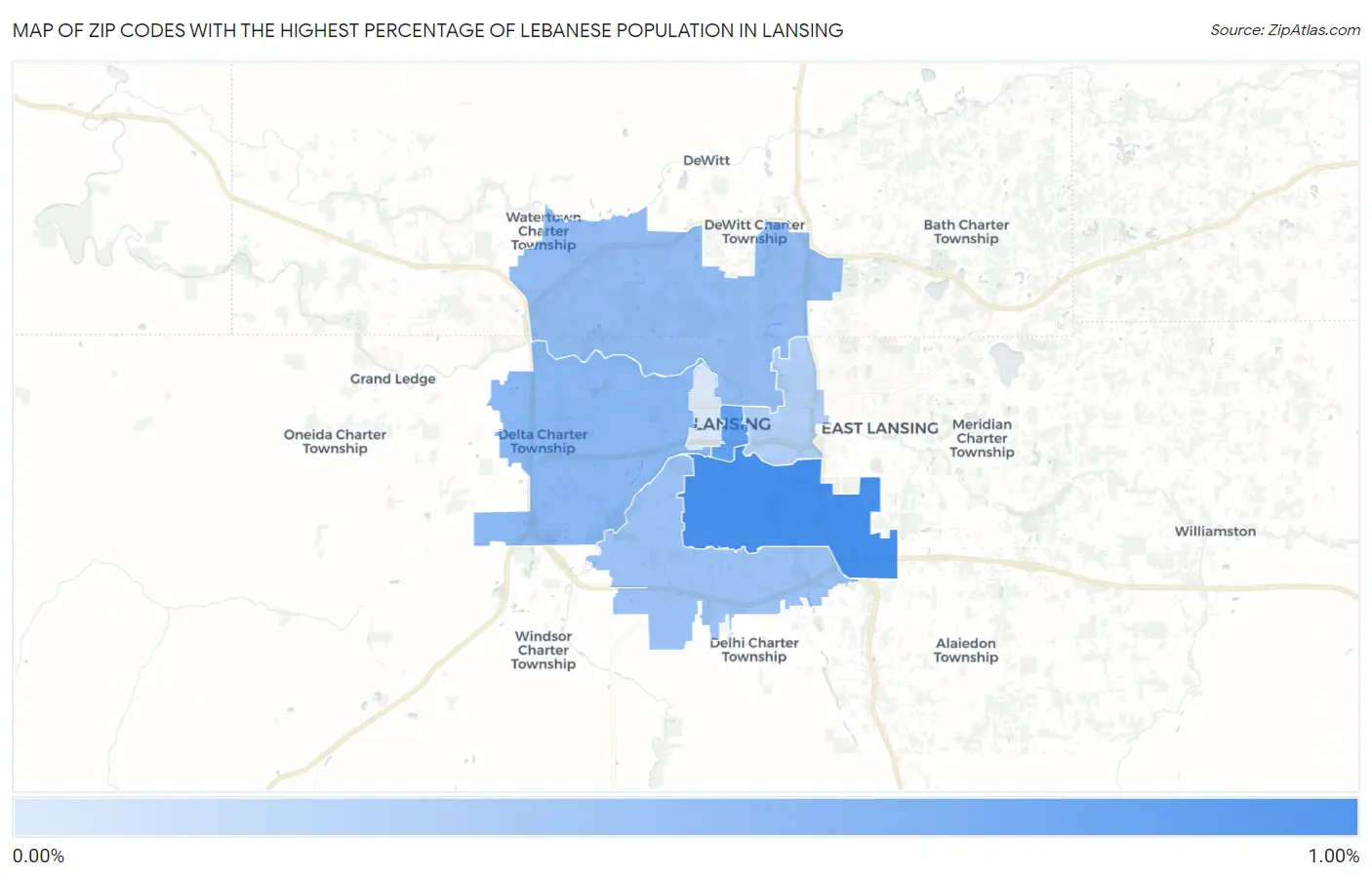 Zip Codes with the Highest Percentage of Lebanese Population in Lansing Map