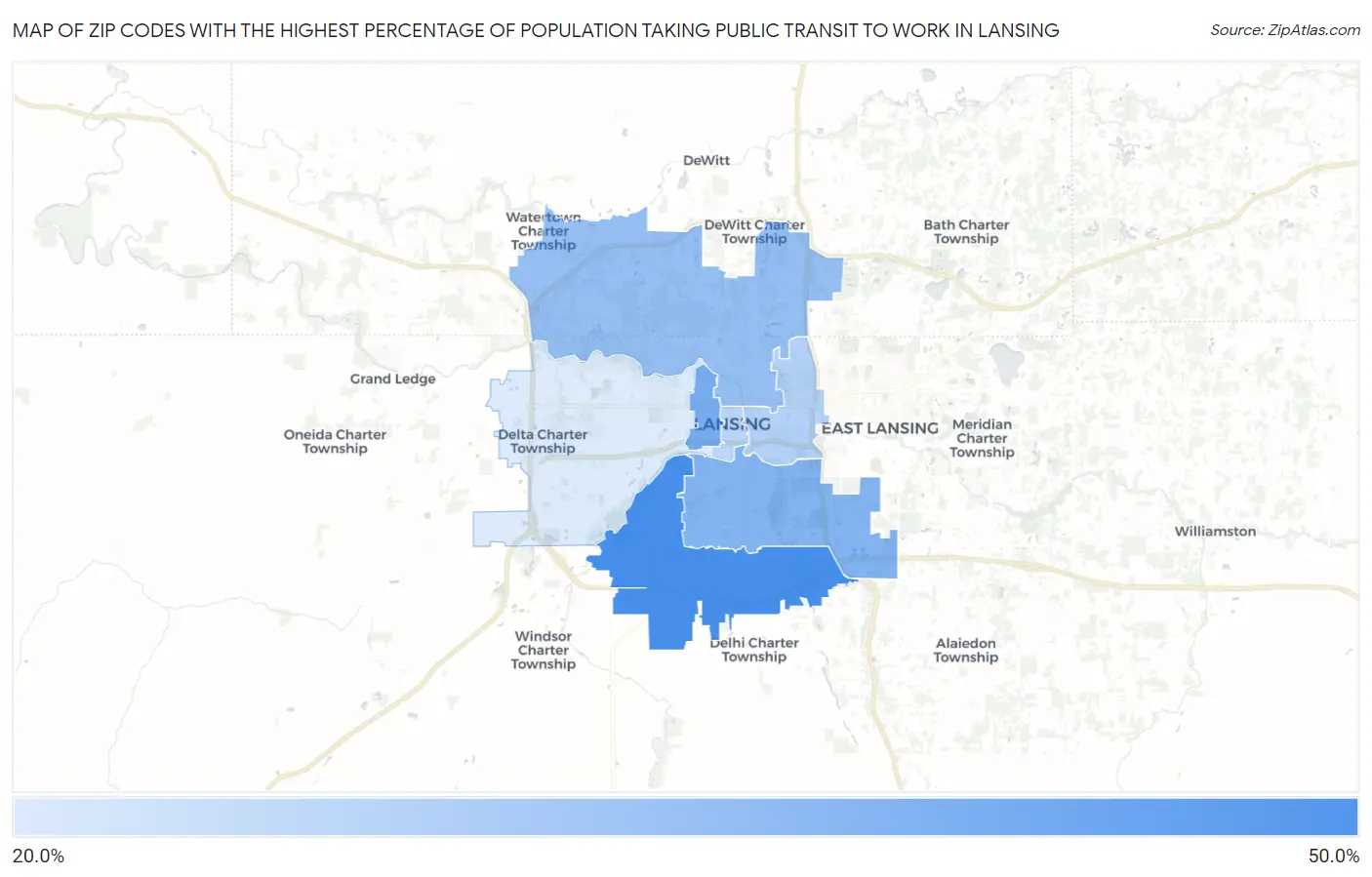Zip Codes with the Highest Percentage of Population Taking Public Transit to Work in Lansing Map