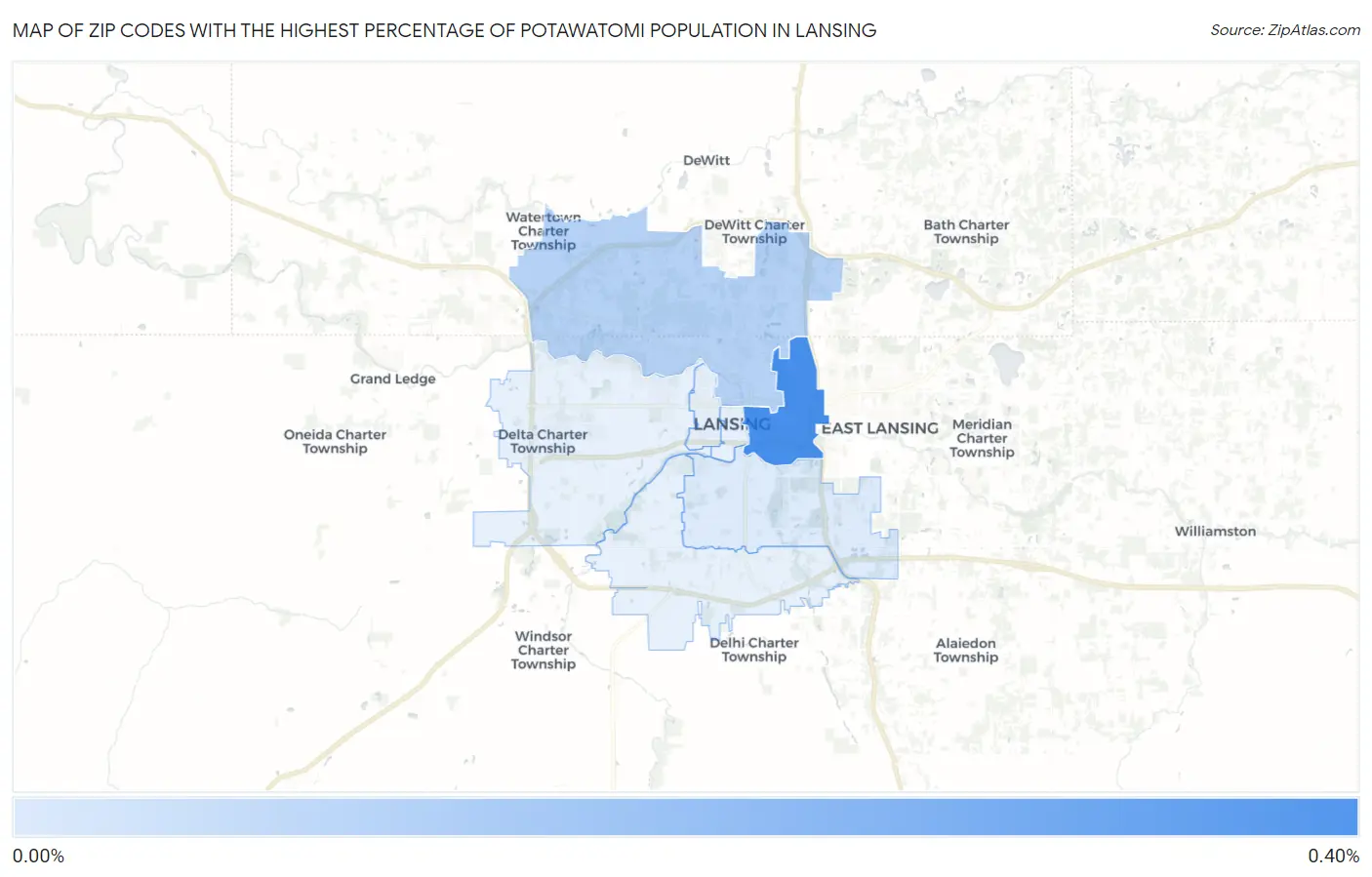 Zip Codes with the Highest Percentage of Potawatomi Population in Lansing Map