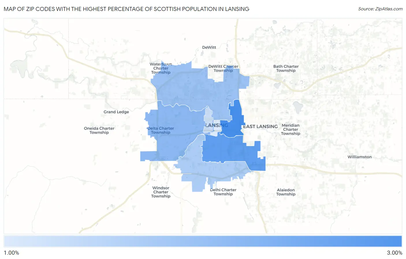 Zip Codes with the Highest Percentage of Scottish Population in Lansing Map