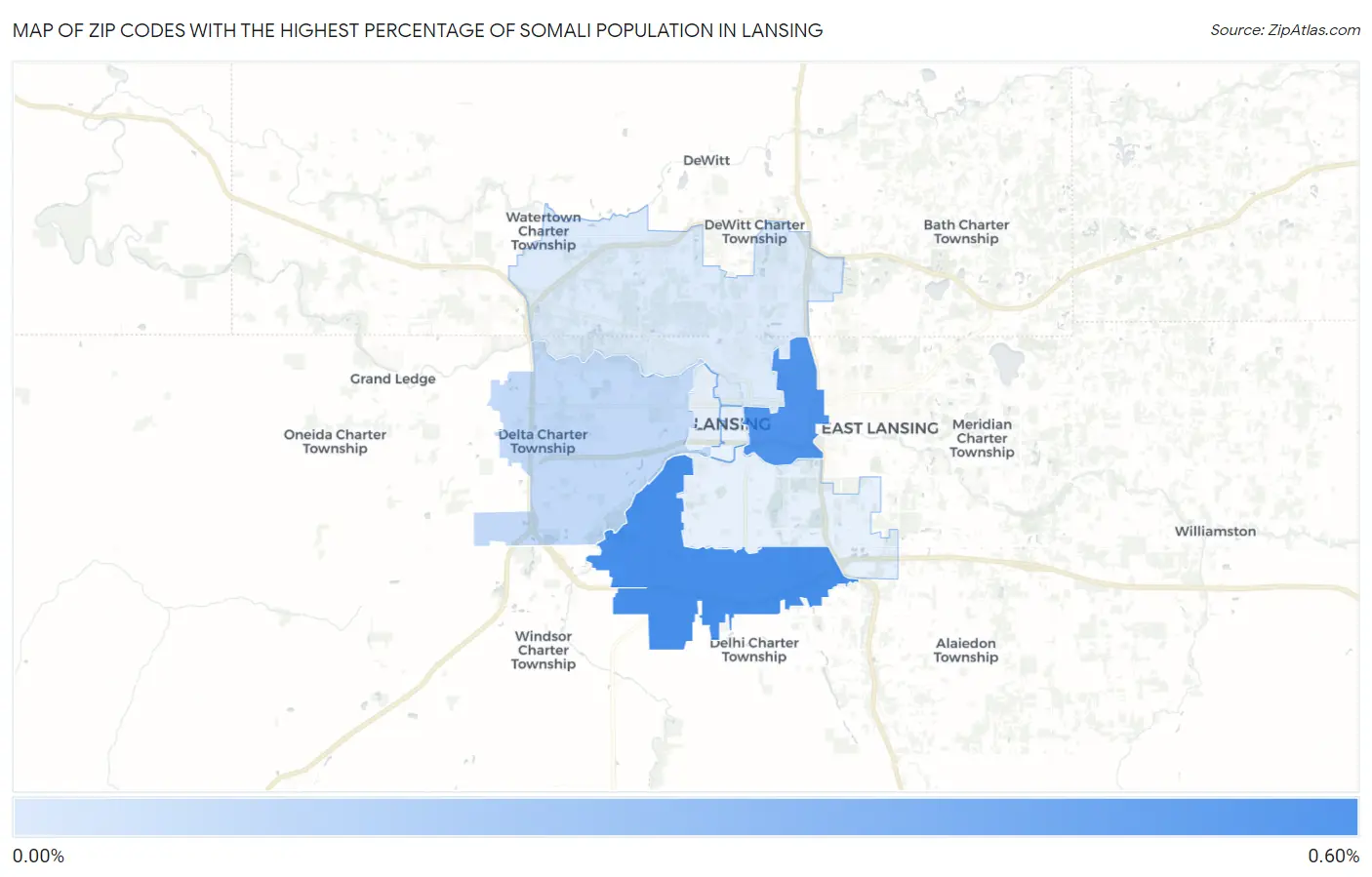 Zip Codes with the Highest Percentage of Somali Population in Lansing Map