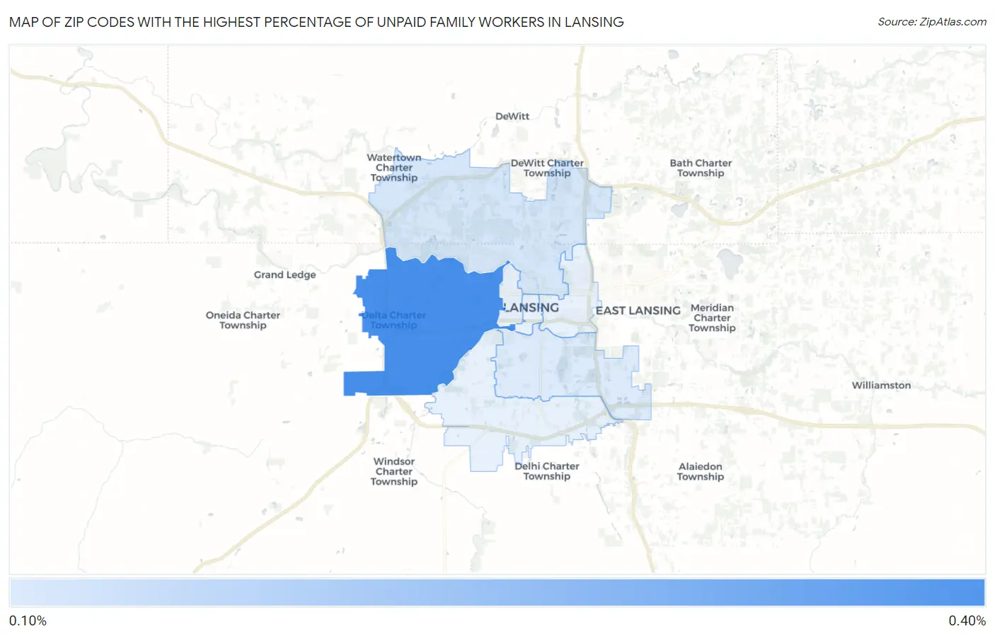 Zip Codes with the Highest Percentage of Unpaid Family Workers in Lansing Map