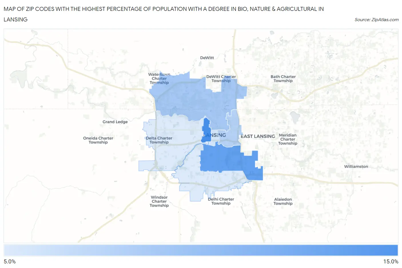 Zip Codes with the Highest Percentage of Population with a Degree in Bio, Nature & Agricultural in Lansing Map