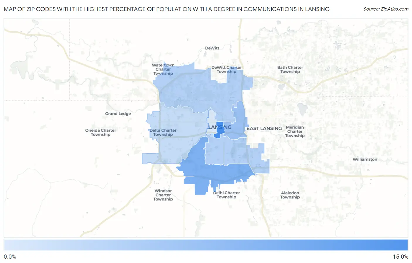 Zip Codes with the Highest Percentage of Population with a Degree in Communications in Lansing Map