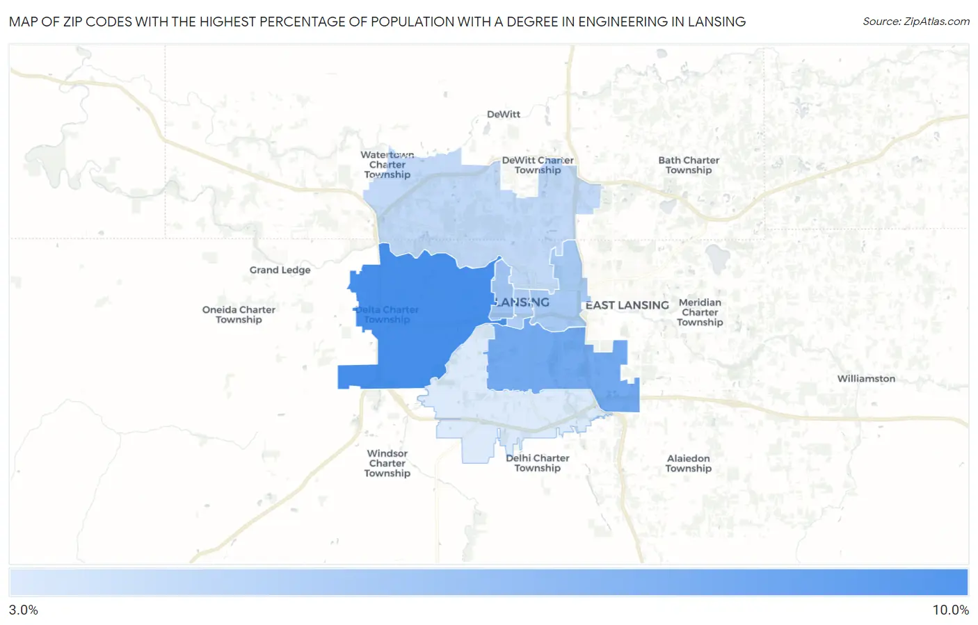 Zip Codes with the Highest Percentage of Population with a Degree in Engineering in Lansing Map